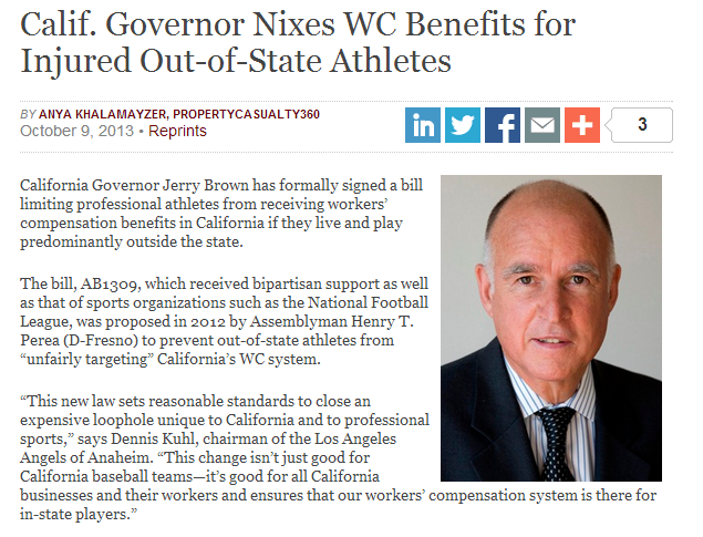 calif governor nixes wc benefits for injured out-of-state athletes