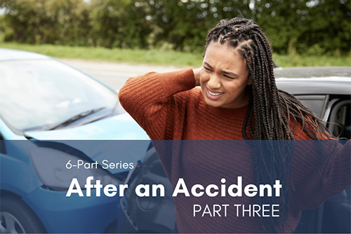 Woman either back pain, After an accident part three